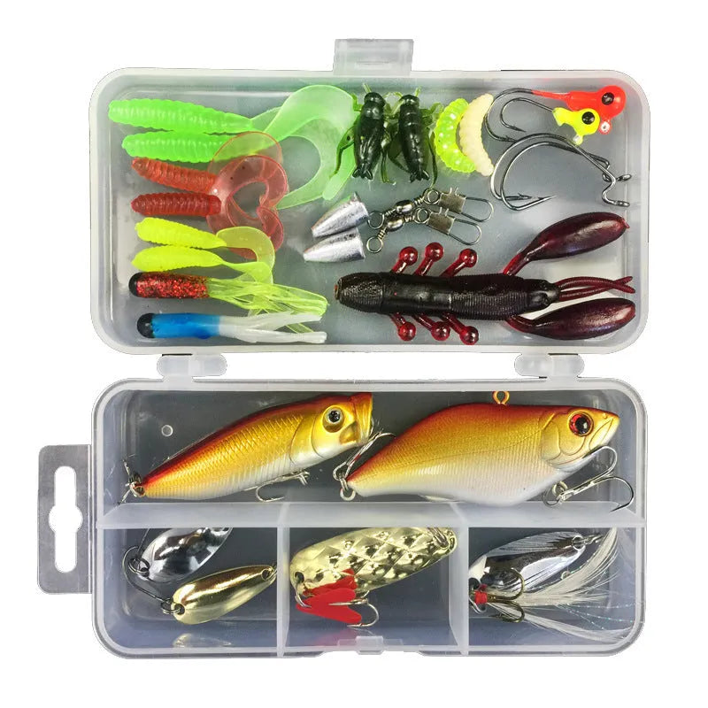 Junior entry-level fishing lure suit set in a black polypropylene storage box with multiple soft plastic baits