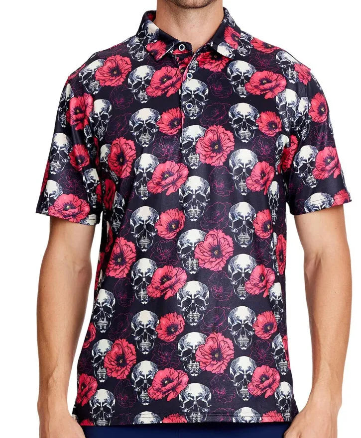 Men's short sleeve t-shirt with 3D printed pattern and zipper decoration on grey mesh fabric.