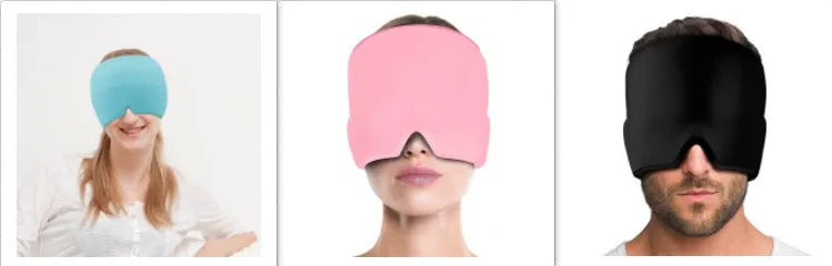 Black elastic cloth gel cooling eye mask for headache relief, shown with adjustable strap.