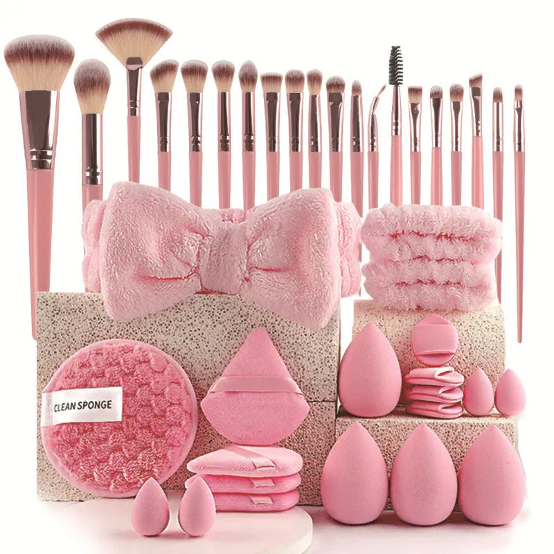 Beauty tools set with hydrophilic non-latex construction in brown, pink, and purple colours