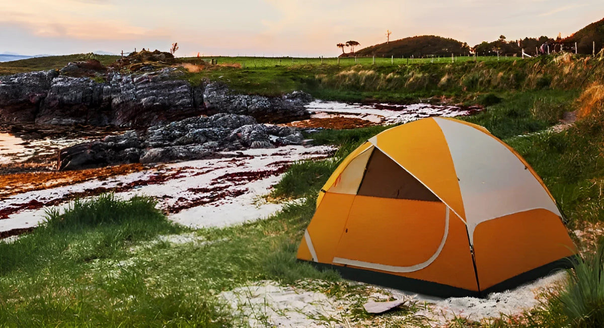 Orange 2-person camping tent with fibreglass poles, 1000 mm waterproof index, packed size 42 x 15 x 15 cm