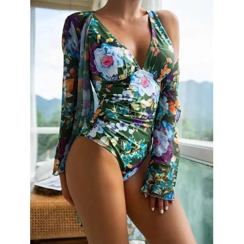 Women's floral three-piece bikini set with coat in various colours including green pink and blue