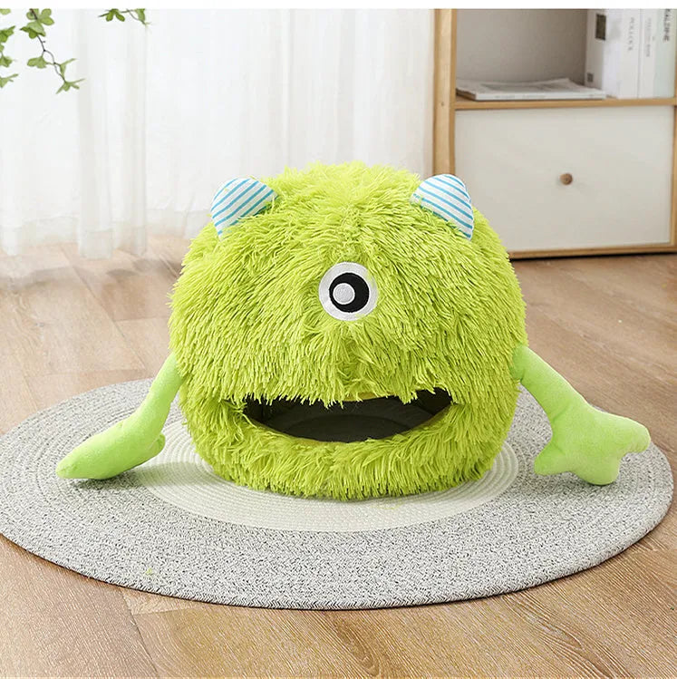 Round fluffy cat bed with plush fabric and non-slip base in three size options