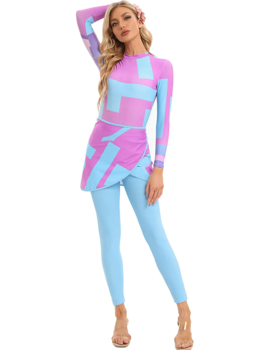 Conservative Muslim women's swimsuit three-piece set with matching apron in polyester fabric