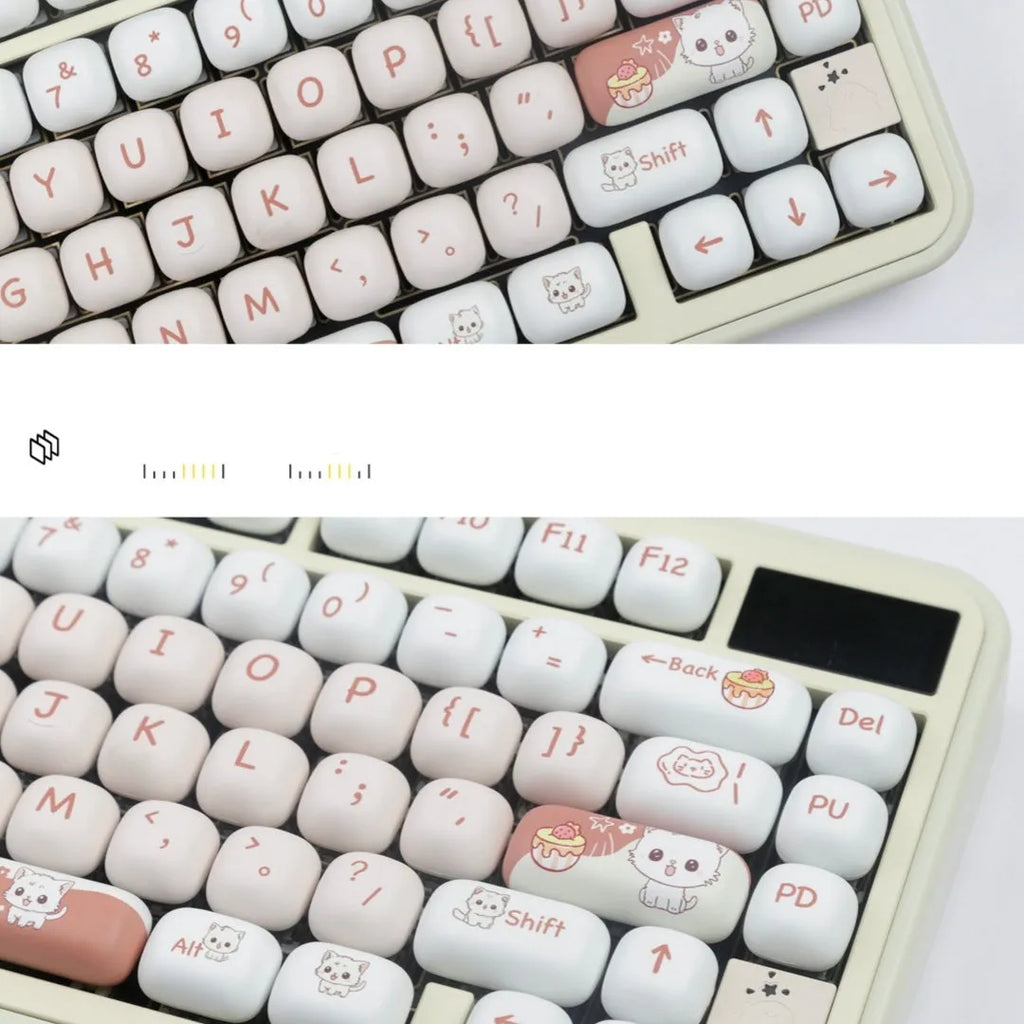 Round MOG profile mechanical keyboard keycaps featuring cute dessert cat sublimation design in boxed or bagged packaging