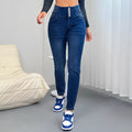Women's dark blue cotton denim straight-leg trousers with button details and zipper closure