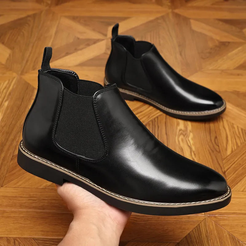 Men's black formal leather boots with pointed toe design and lace-up ankle