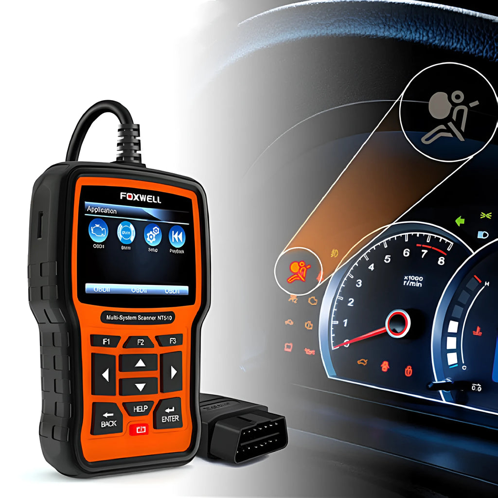 Foxwell NT510 orange and black automotive OBD2 diagnostic scanner and reset tool.