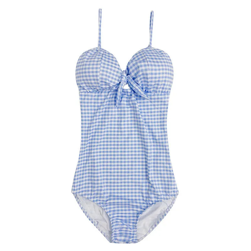Women's blue and white plaid one-piece swimsuit for swimming