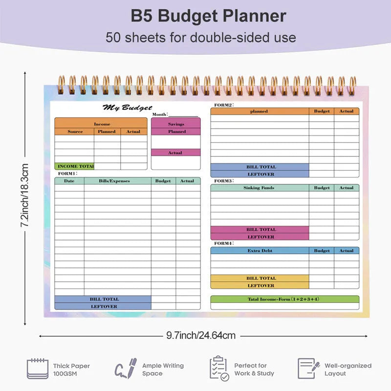 B5 spiral-bound budget tally notebook with PP cover for income and expenditure tracking