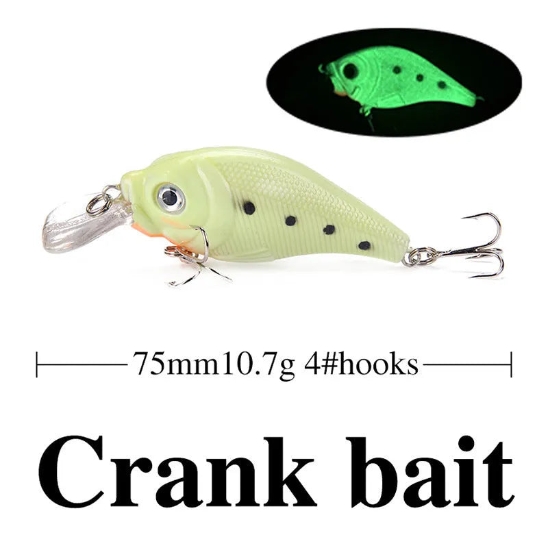 Set of five fluorescent 3D hard bait fishing lures with luminous design for submerged use