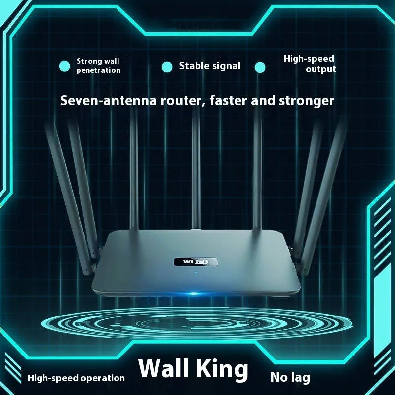Black and white dual-band 5G Gigabit router for home WiFi with multiple antenna options.