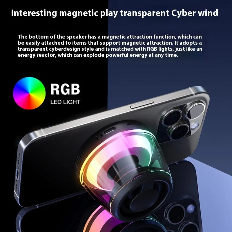 Compact white Bluetooth speaker with LED light on a magnetic base.