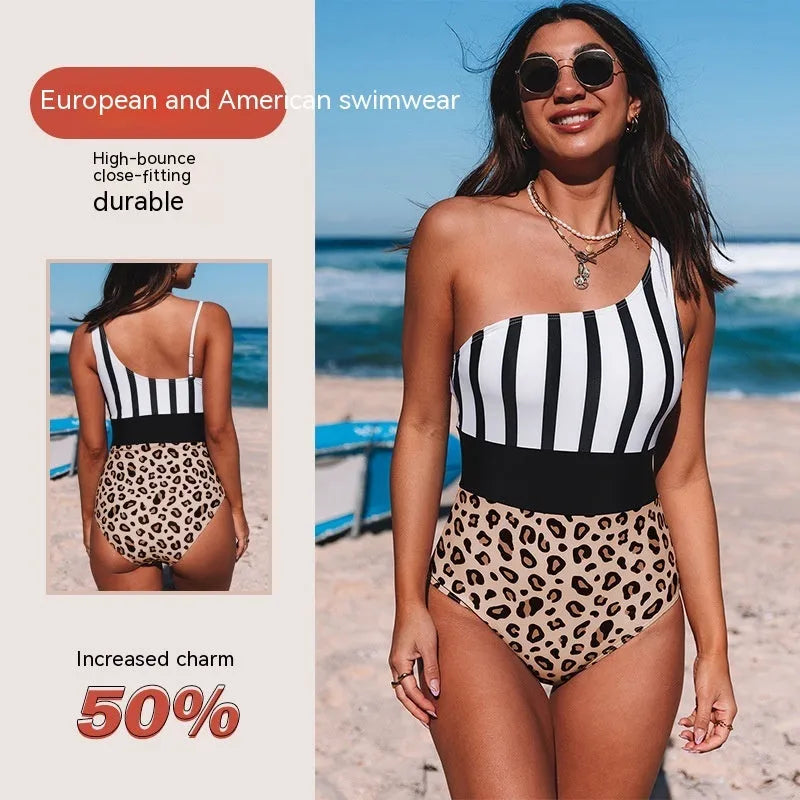 Leopard print women's one-piece swimsuit with high waist and asymmetric collar on a mannequin.