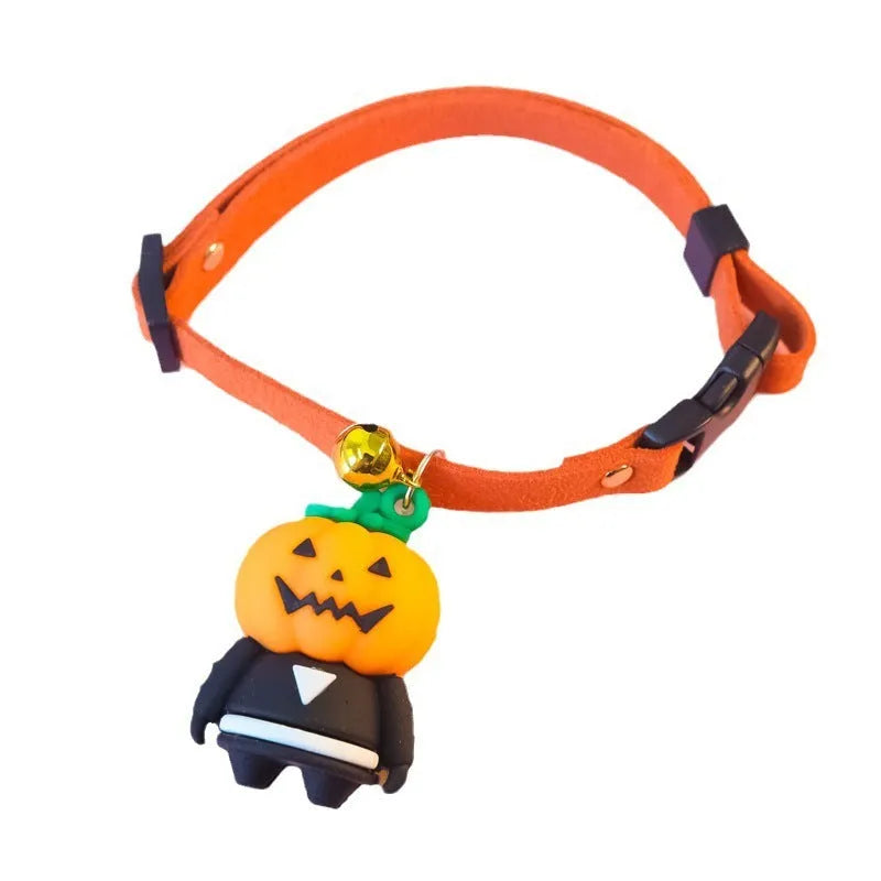 Halloween pet collar with luminous pumpkin man design on adjustable polyester band
