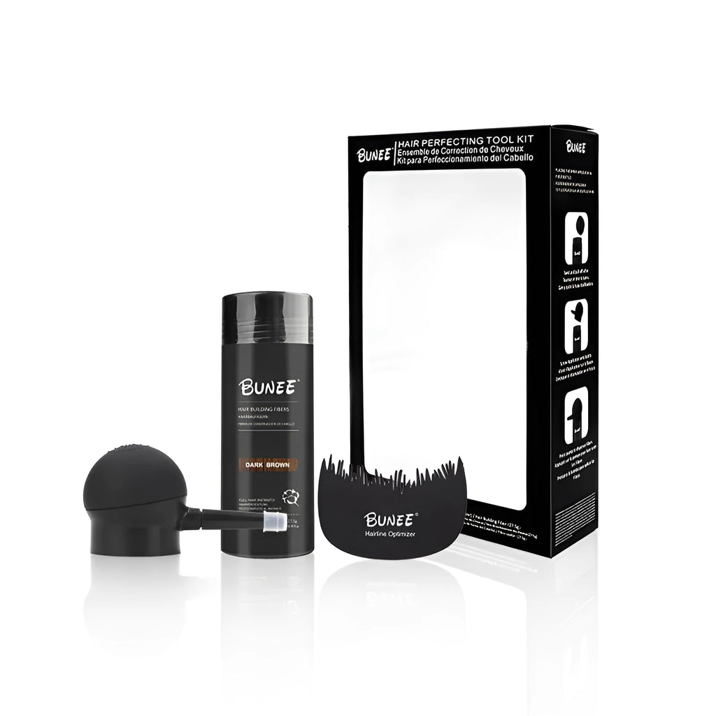 Dense Hair Fiber Powder Three-piece Set box with two bottles and a dispensing tool