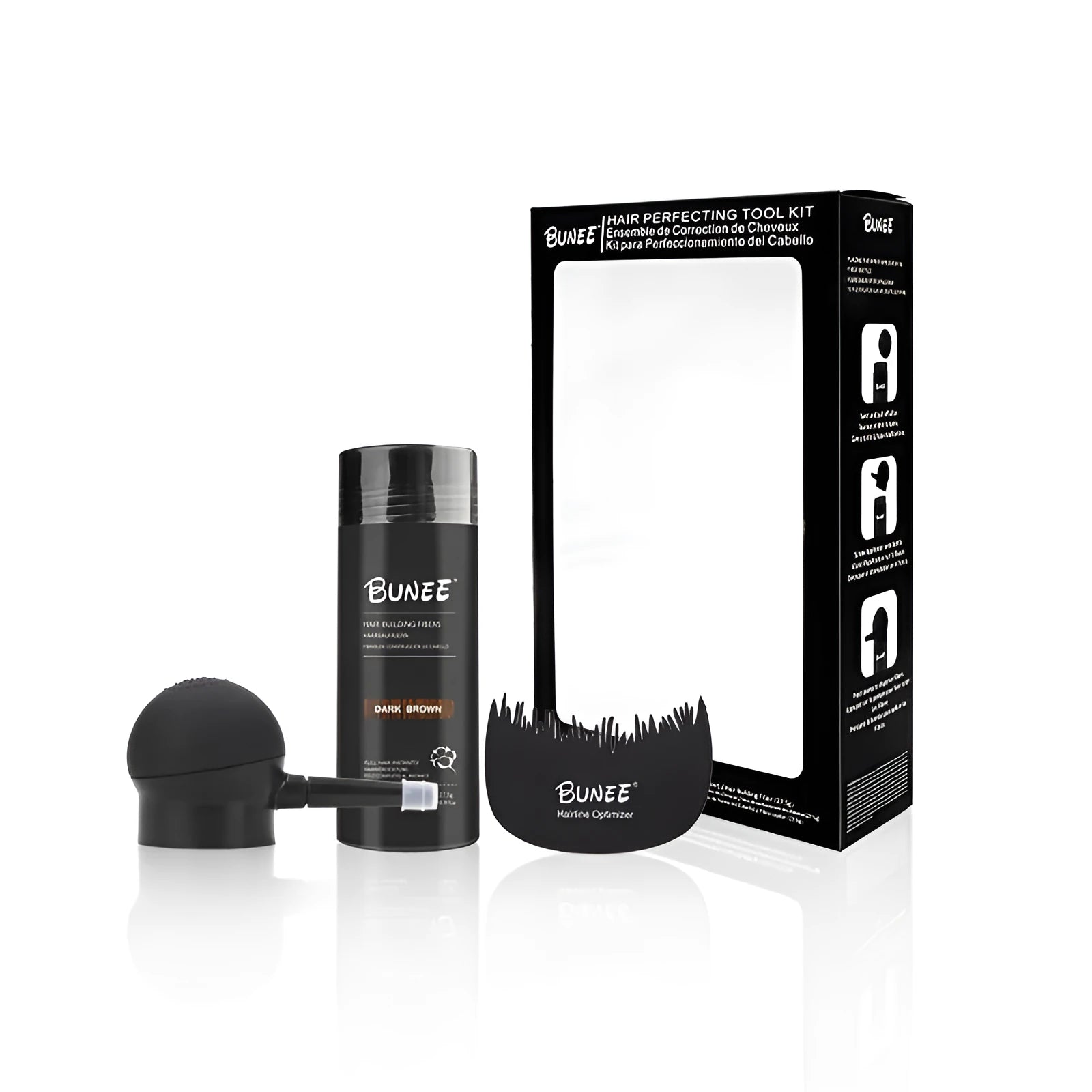 Dense Hair Fiber Powder Three-piece Set box with two bottles and a dispensing tool