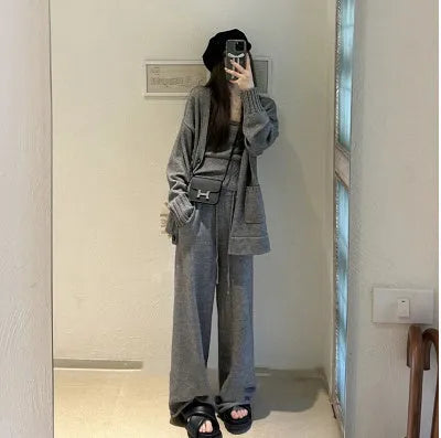 Women's wool blend knit cardigan three-piece set with suspender casual pants in loose fit Japanese Korean style