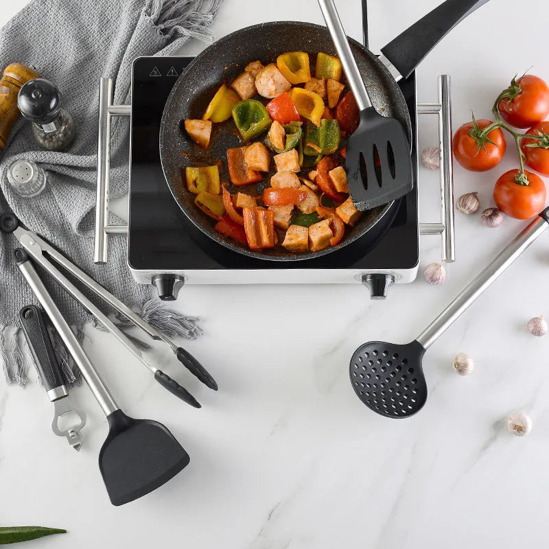 Black silicone-tipped cooking utensils with stainless steel handles, 16-piece set