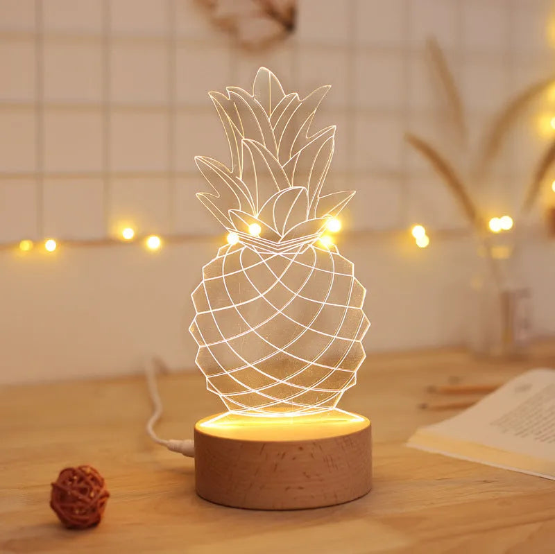 Pineapple-shaped bedside lamp made of wood and acrylic with USB cable and dimmable LED light