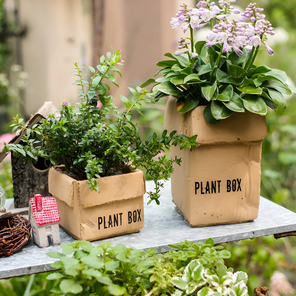 Nordic-style cement brown paper box flowerpot for indoor planting on a floor.