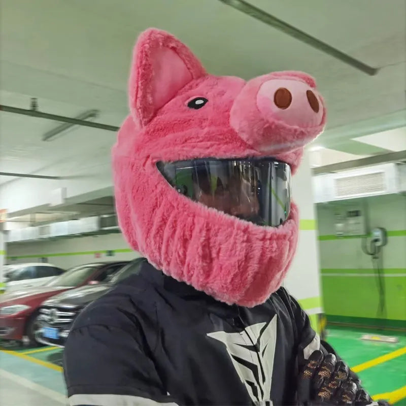 Pink pig cartoon plush helmet protective hood made from PV velvet cloth fabric with protective sleeve