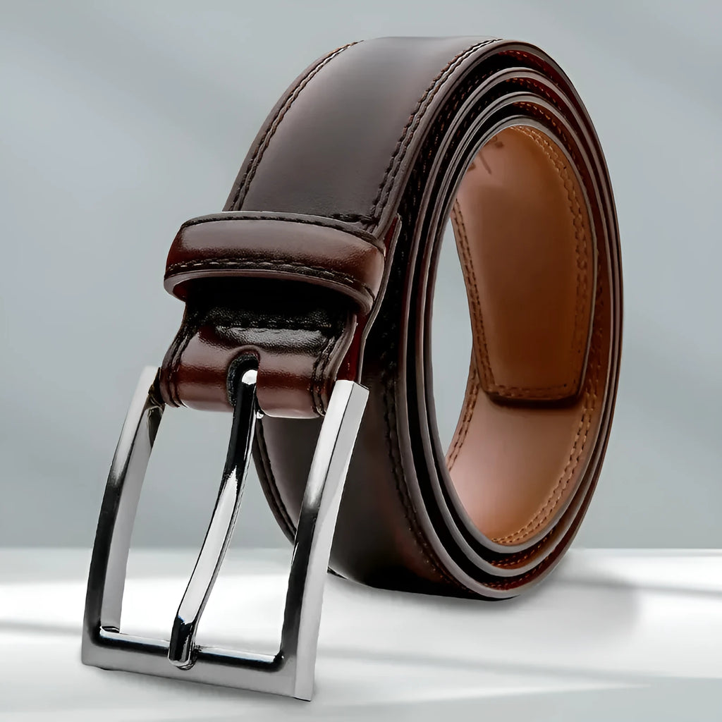 Men's genuine leather casual belt with alloy buckle in 95 grain brown.