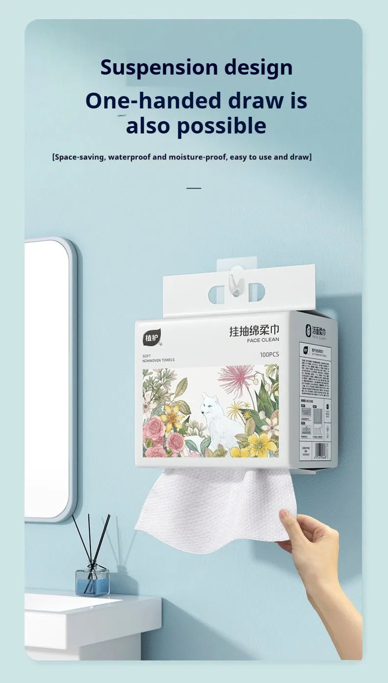 Disposable hanging towel roll with 100 soft towels for facial and body hygiene