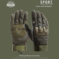Men's black tactical full finger gloves with touch screen compatible fingertips on hand