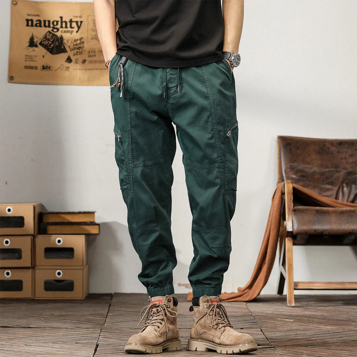 Men's cotton Korean style harem trousers with tapered legs in khaki colour