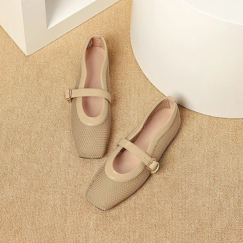 Women's low heel mesh pump in beige with a buckle strap and square toe.