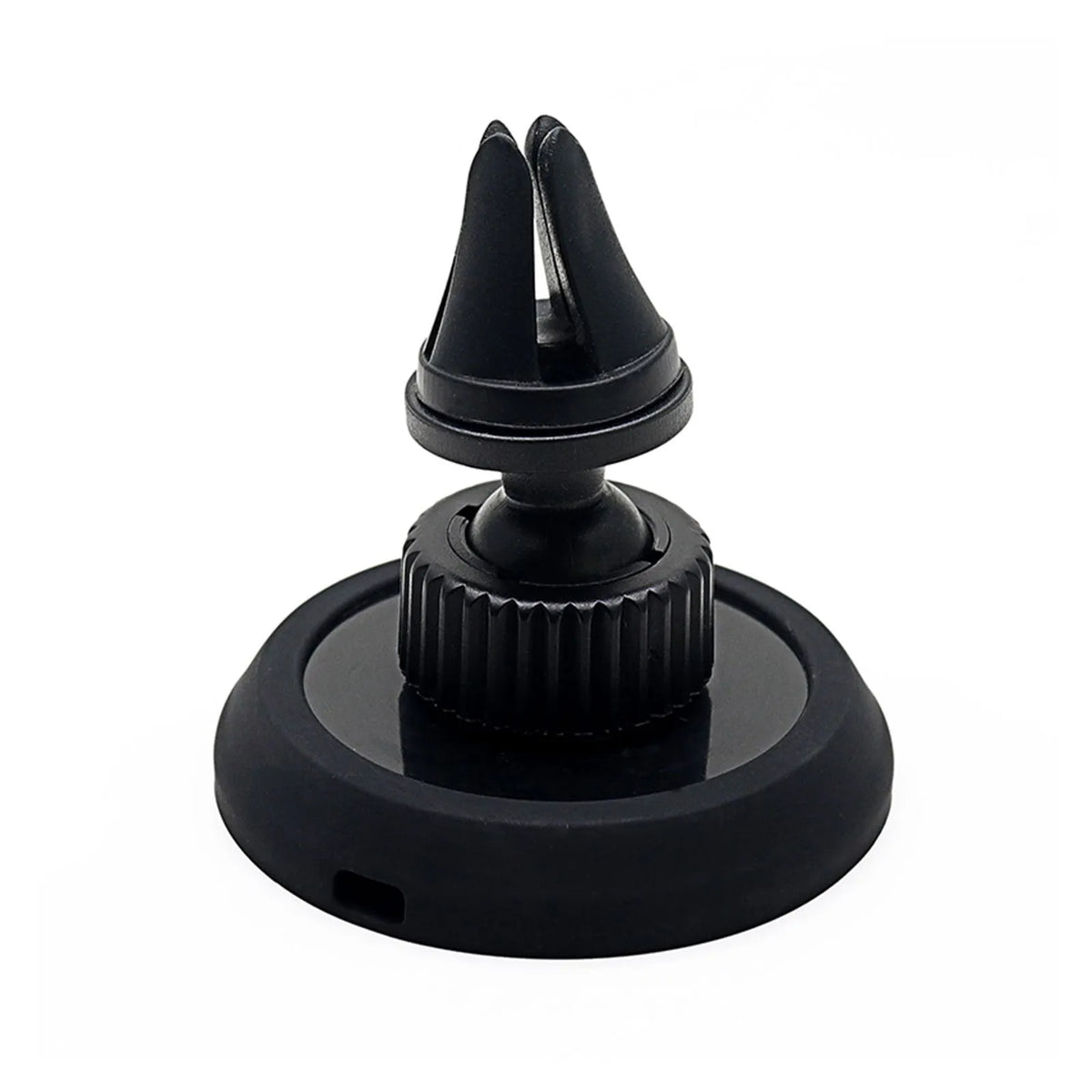 Black magnetic car phone holder mounted on air vent with smartphone attached