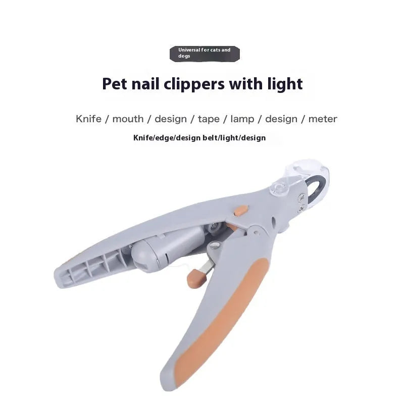 Dog nail clipper with LED light and imitation blood line guide, made from white ABS plastic