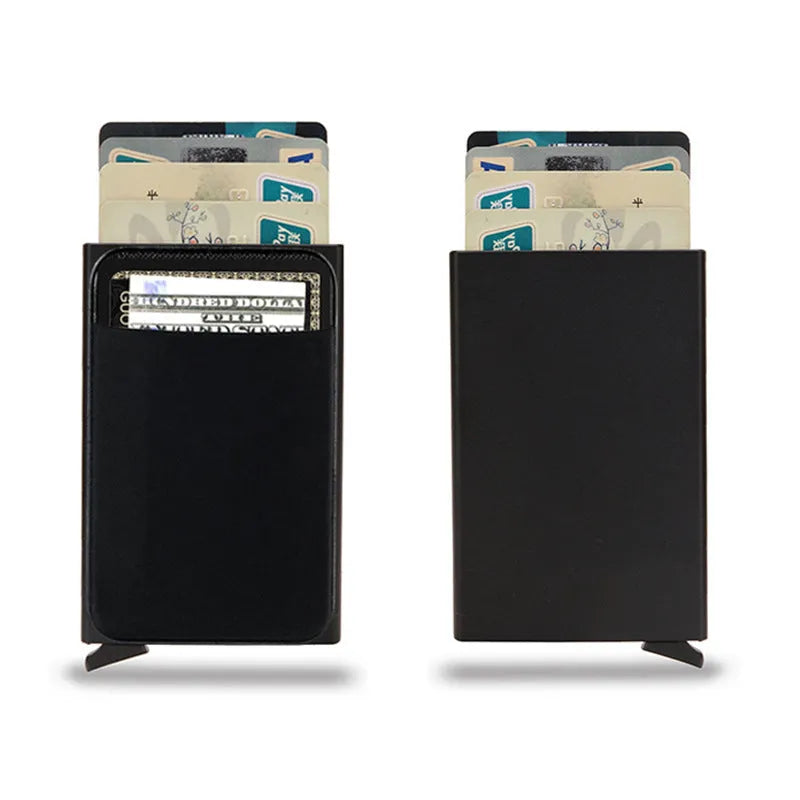 Frosted aluminium metal credit card holder in multiple colours showing slim profile