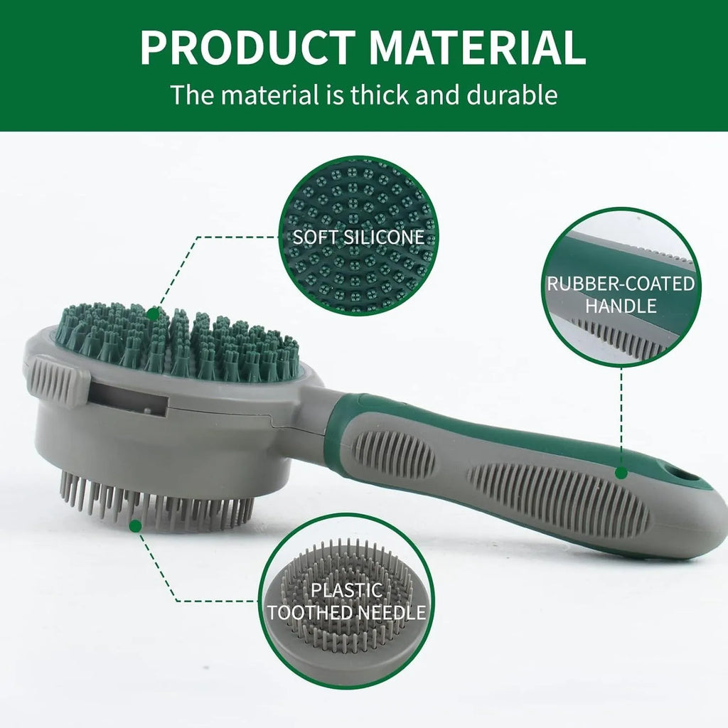 Green and pink dual-sided silicone pet grooming brush with retractable slicker and octopus-toothed massager.