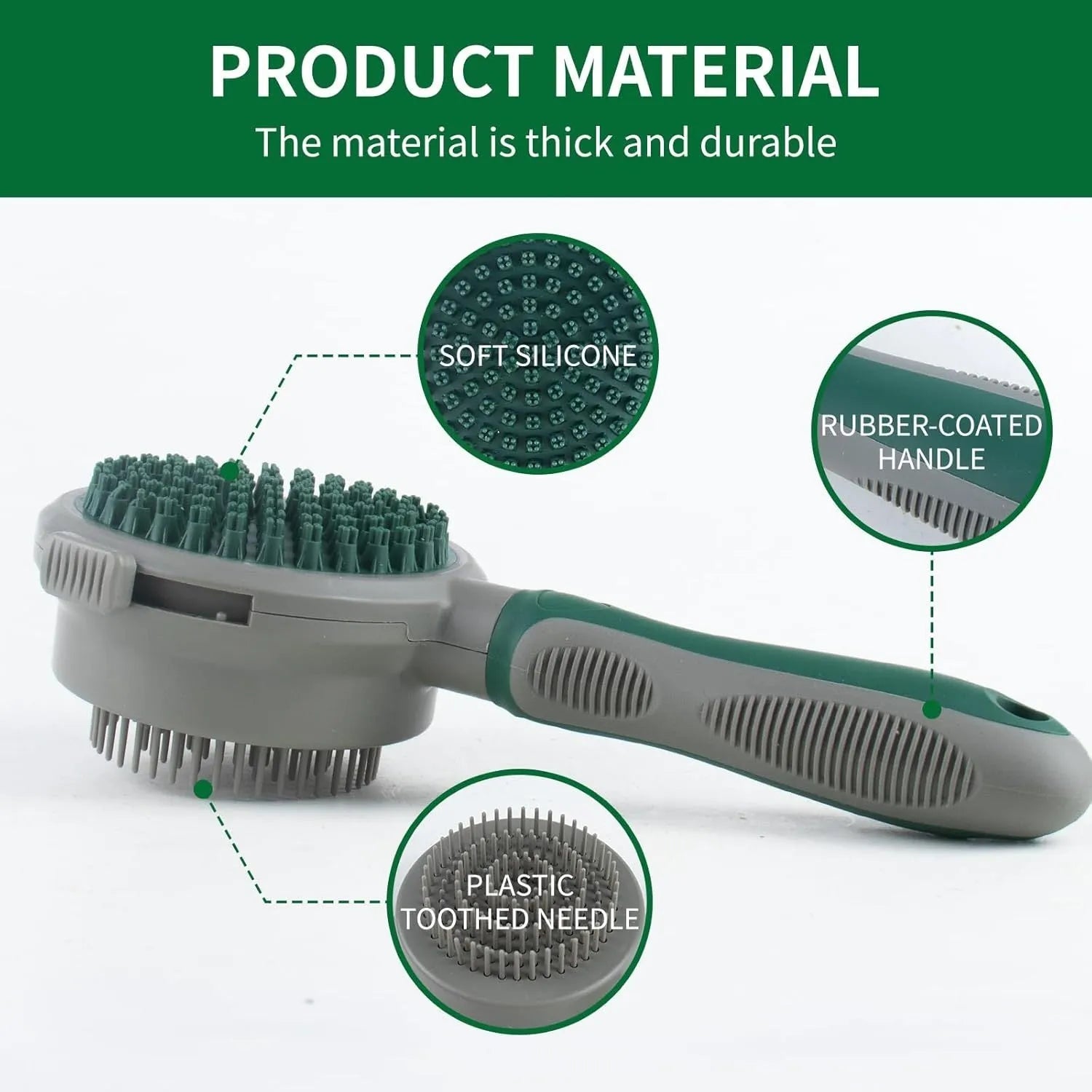 Green and pink dual-sided silicone pet grooming brush with retractable slicker and octopus-toothed massager.