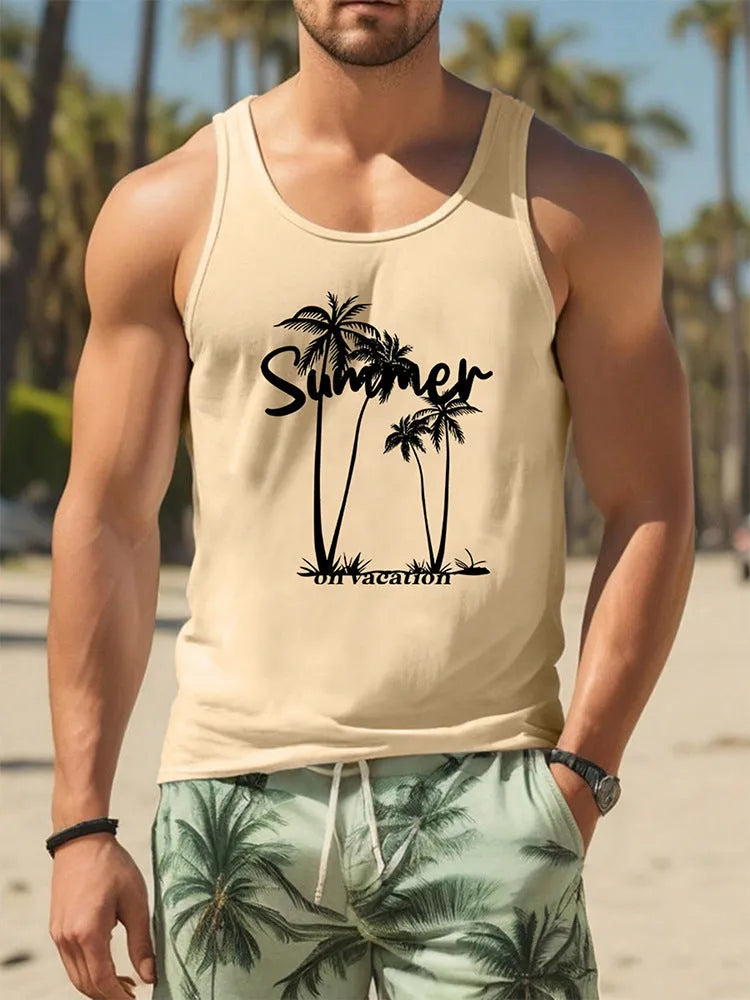 Men's solid colour sleeveless vest featuring a Hawaiian-inspired 3D printed design