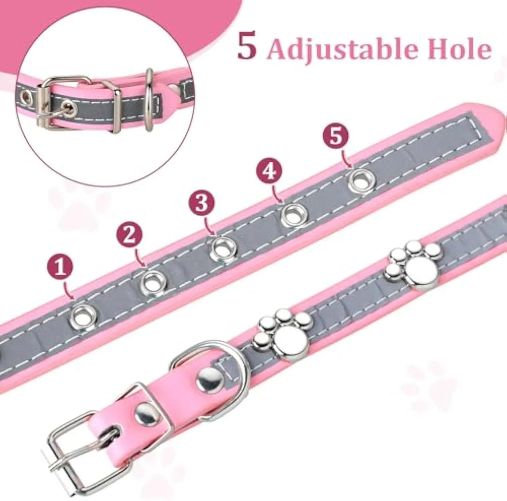 Reflective brown leather dog collar with metal buckle and cute paw-shaped rivet detail.