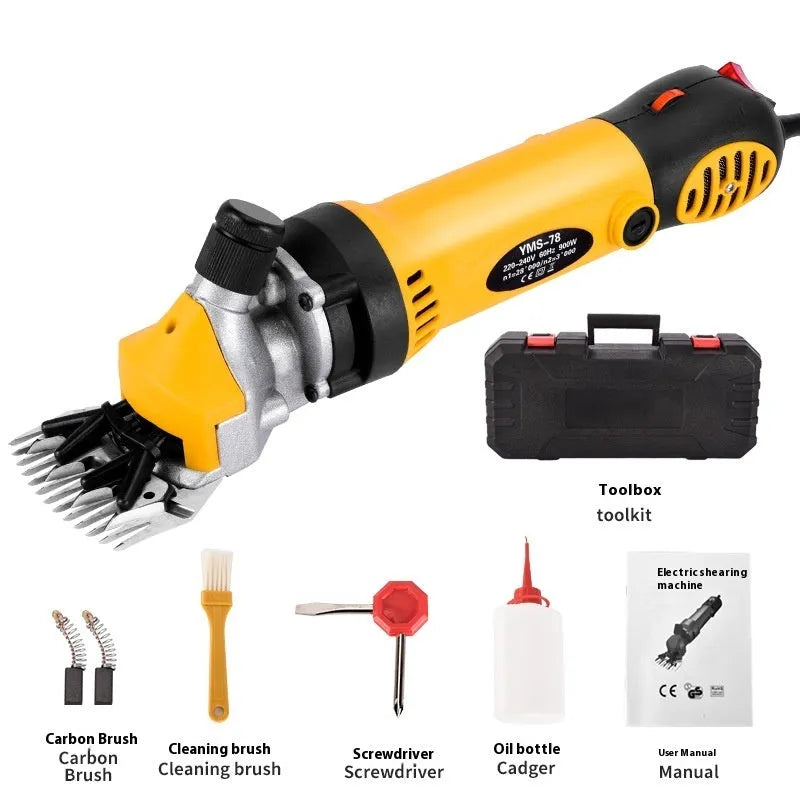 Yellow electric wool shears with 110V plug, multiple blade sets, and maintenance tools in plastic storage box