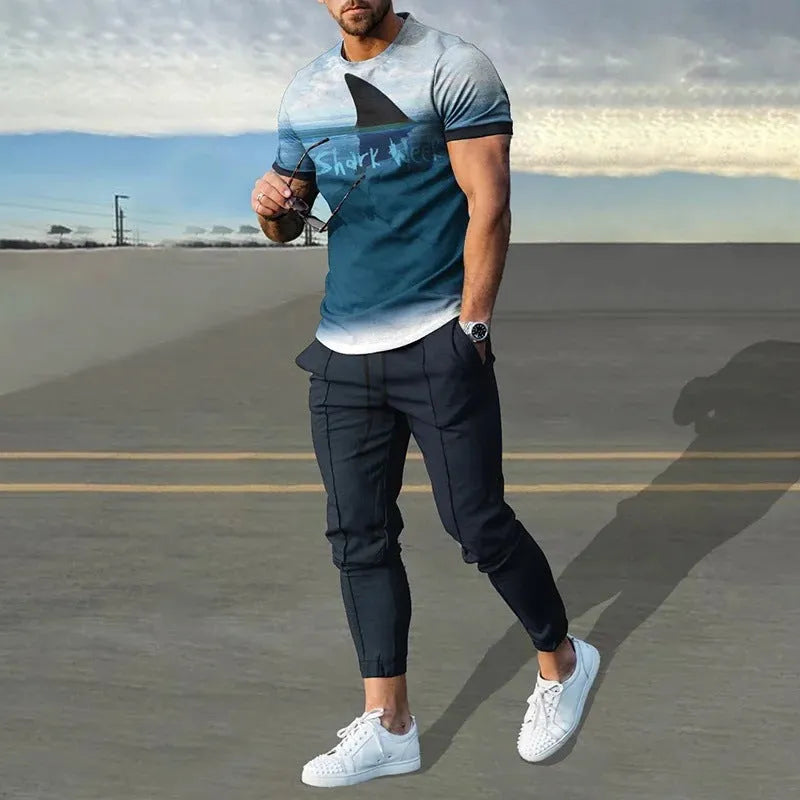 Men's short-sleeved sports top and trousers set with printed design in chemical fibre blend fabric