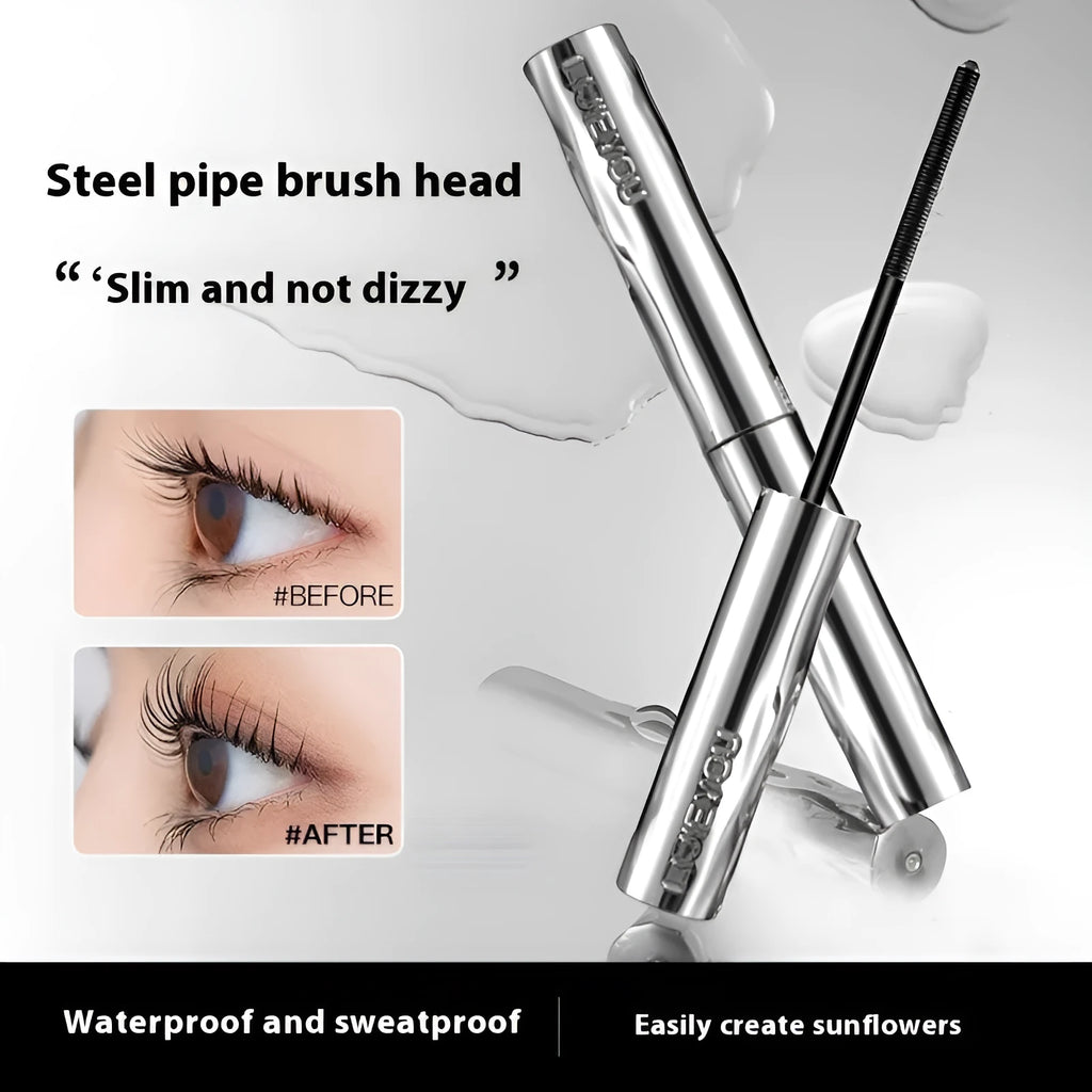 Waterproof long thick mascara in a steel tube with black and brown colour options, shown with an eyelash curler.