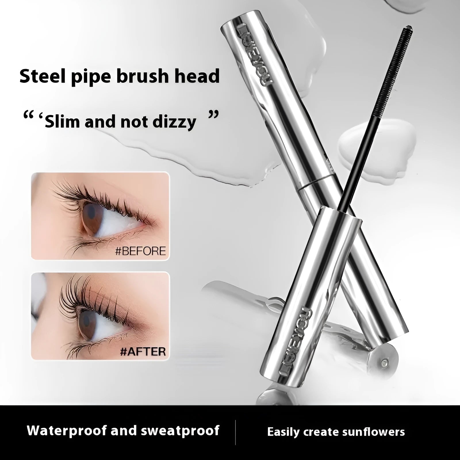 Waterproof long thick mascara in a steel tube with black and brown colour options, shown with an eyelash curler.
