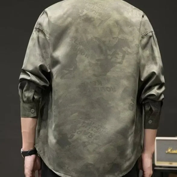Men's Japanese-style retro camouflage long sleeve linen shirt in army green or white, sizes M to XXXL