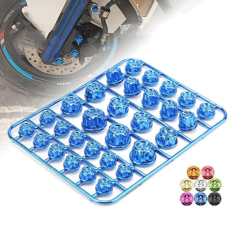 Motorcycle engine screw cover kit with 30 ABS plastic pieces in eight colours including black, red, gold, blue, silver, green, orange, purple