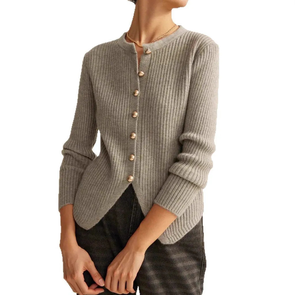 Silver grey yuan collar loose cardigan sweater on a hanger