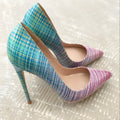 Ladies pink blue gradient patent leather pointed toe heels with sheepskin insole
