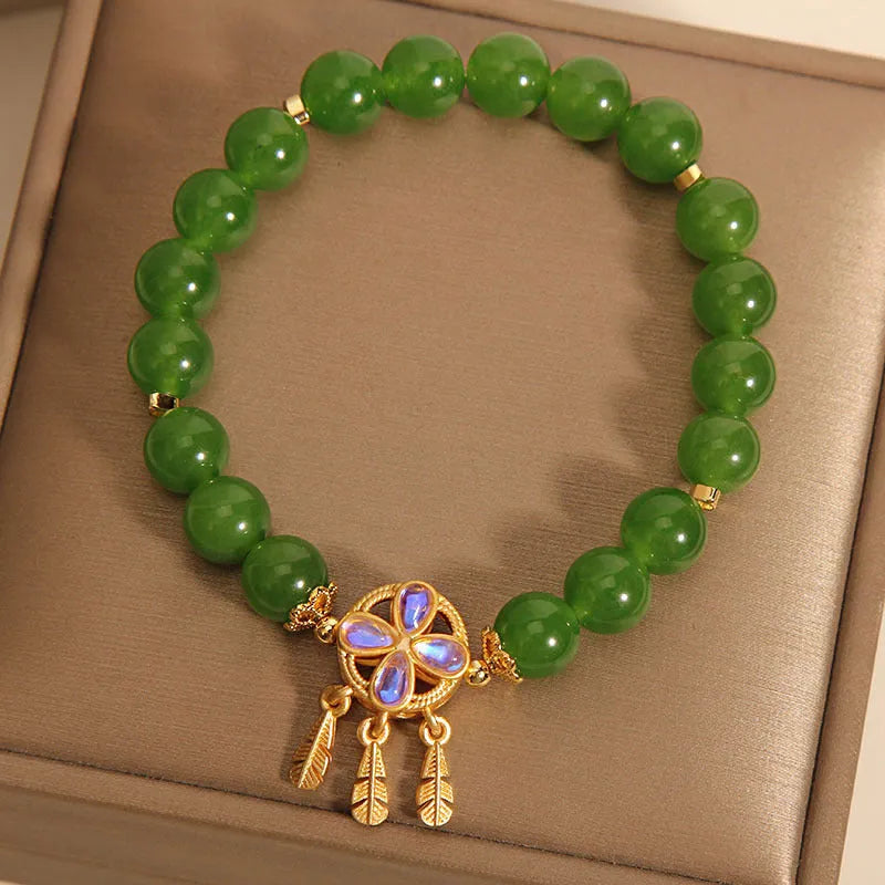 Green jasper crystal bracelet with four-leaf clover dream catcher pendant for women