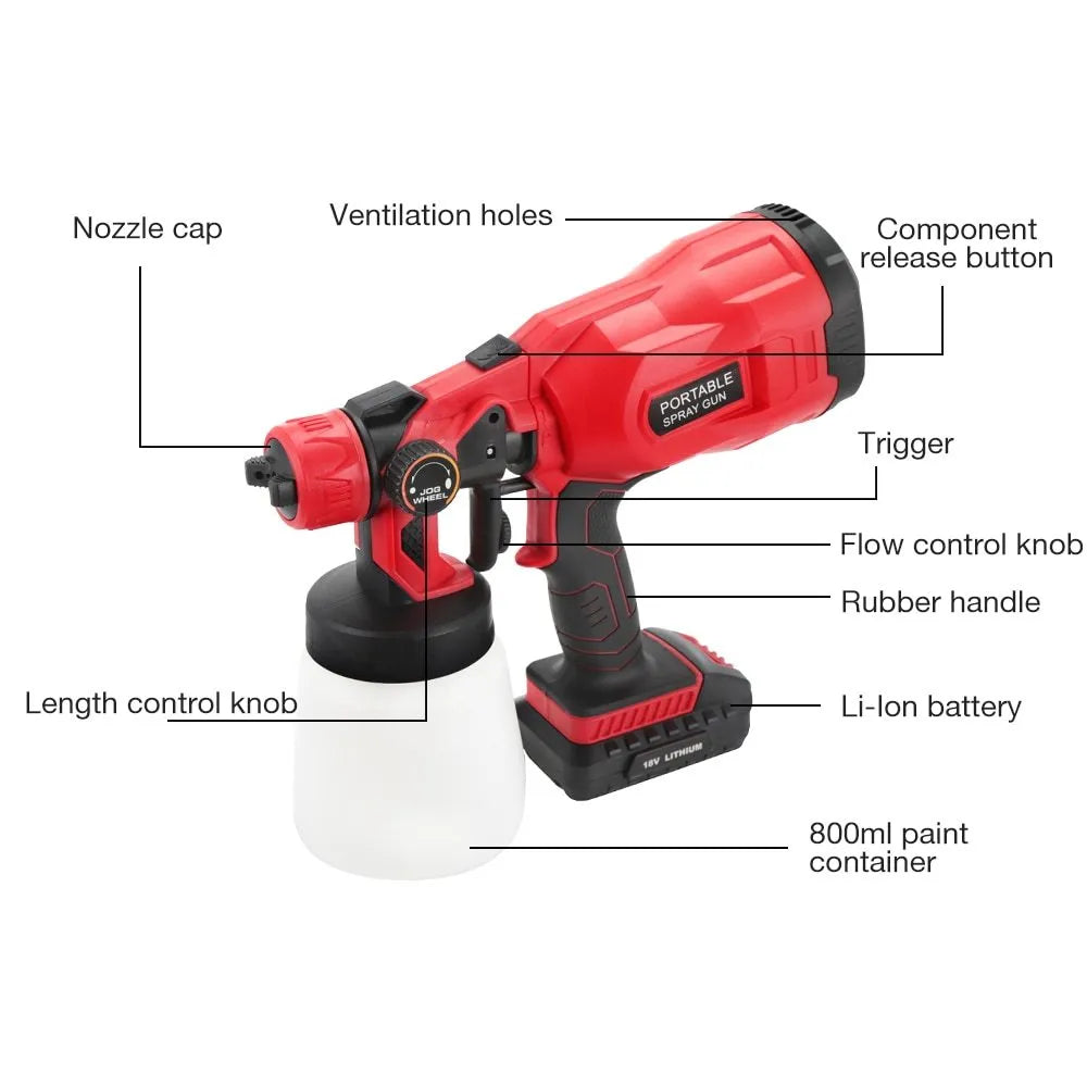 Blue cordless paint spray gun with 800ml watering can attached