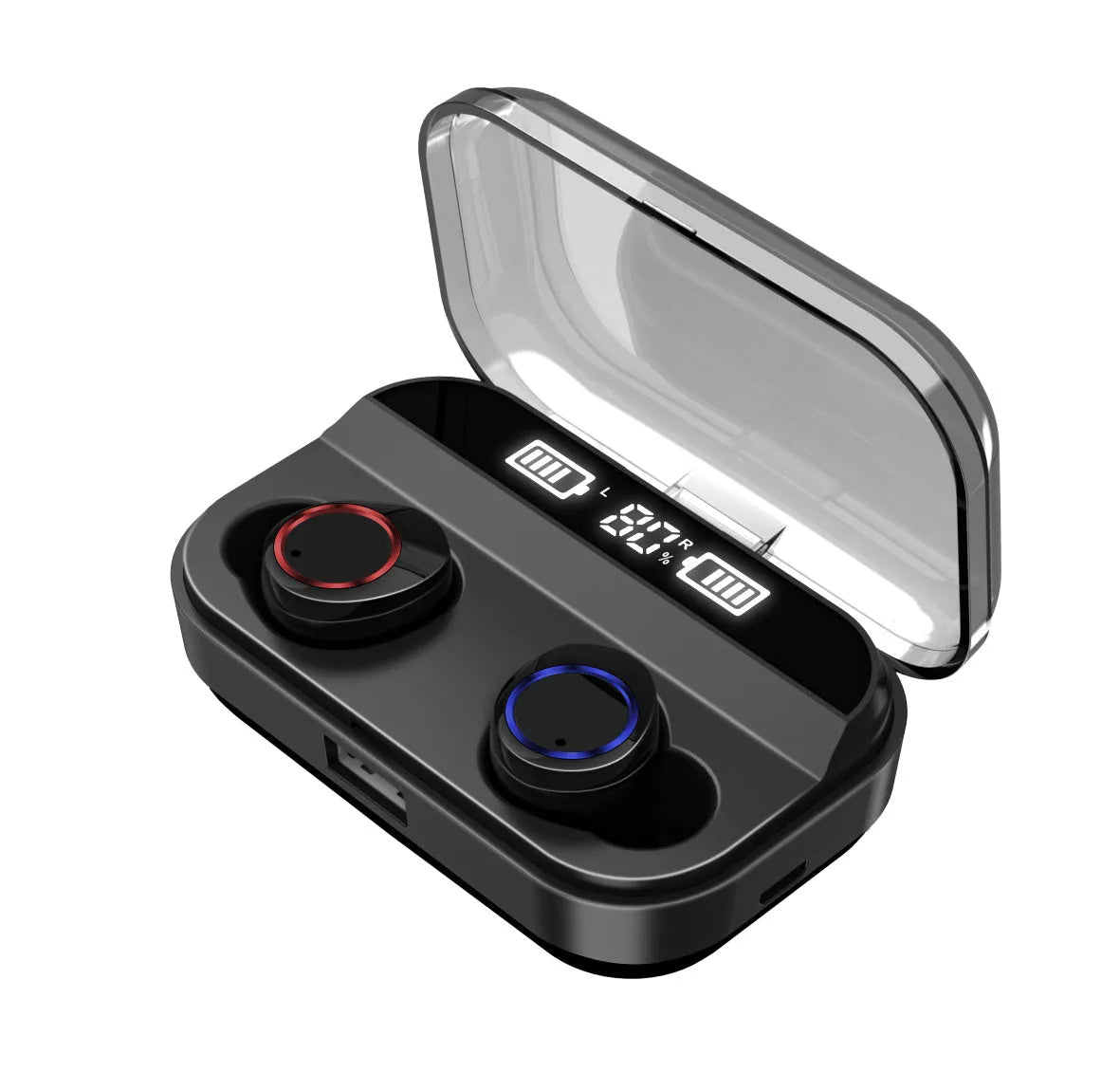 Black X11 Sky-Free true wireless Bluetooth earbuds with compact charging case on a white background.