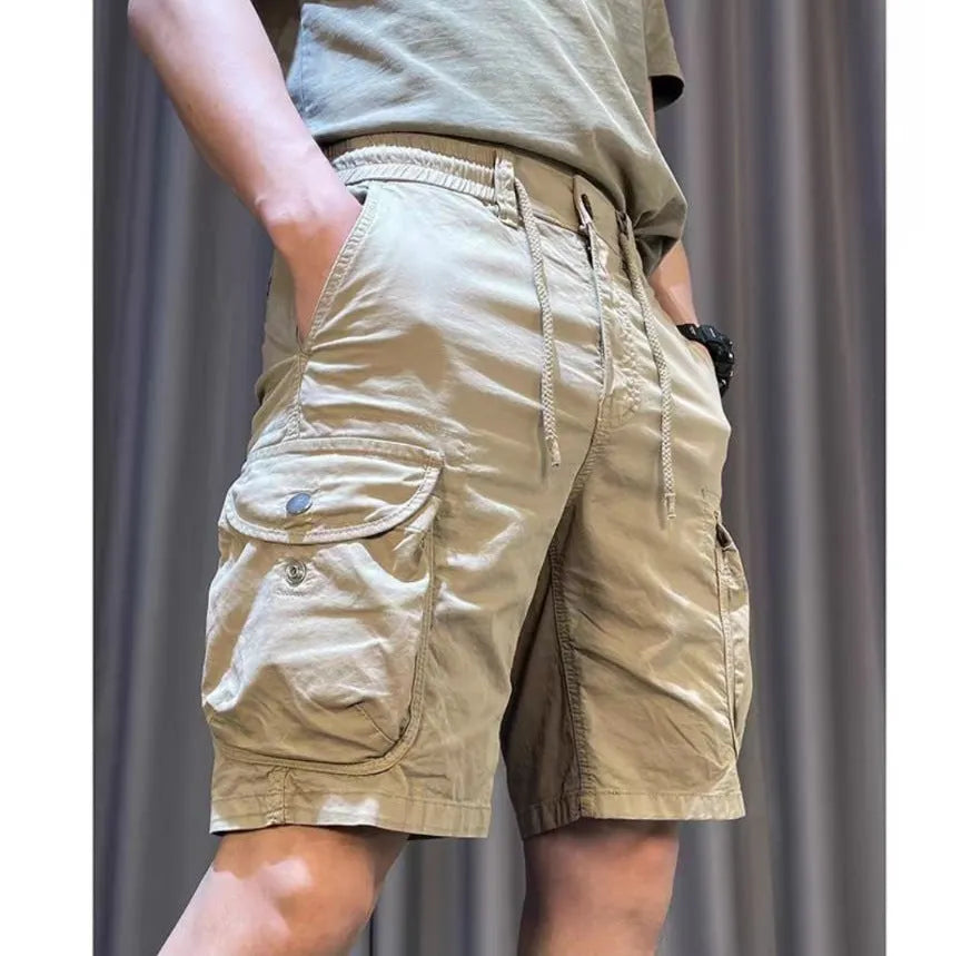 Men's loose straight-leg casual overalls with multiple pockets in khaki colour showing front and side views